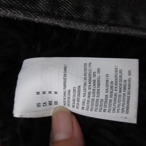 American Eagle Jean Jacket Medium Black Faux Fur Grunge‎ Punk Fade Distressed - Picture 6 of 8